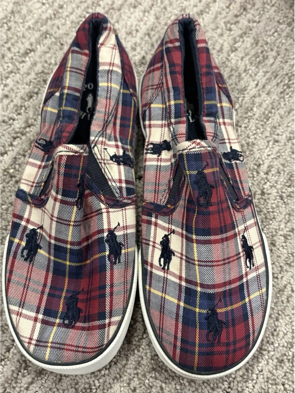Polo Ralph Lauren Cranberry Plaid Slip-on Boys Kids Sneakers Pony Logo Sz 13